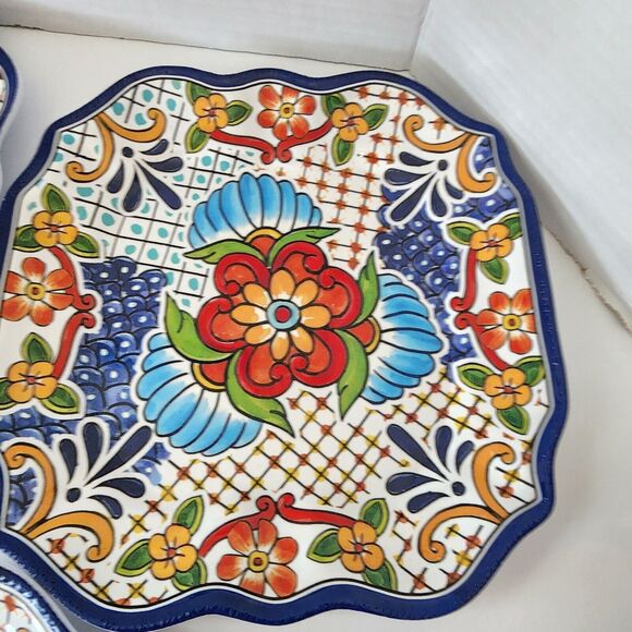 IL Mulino Spanish Tile 4 Salad and 1 Dinner Plates Blue MELAMINE Square Floral - Picture 4 of 11